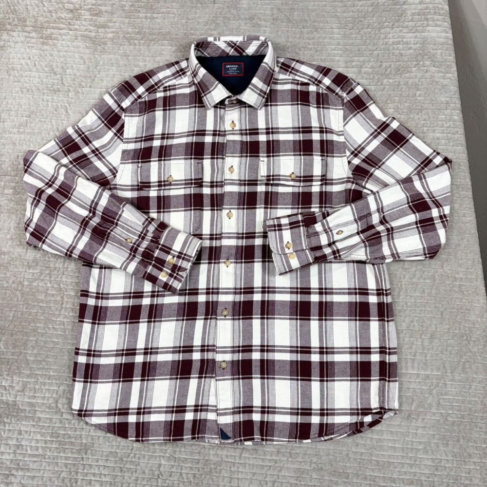 UNTUCKit Mens XL Regular Fit Organic Cotton Plaid Button Down Burgundy White